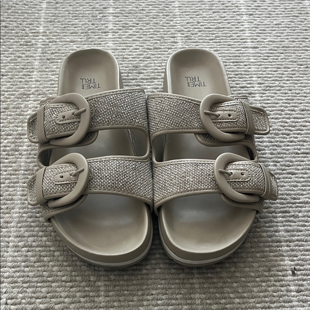 Beige Slide Sandals with Double Buckle 7